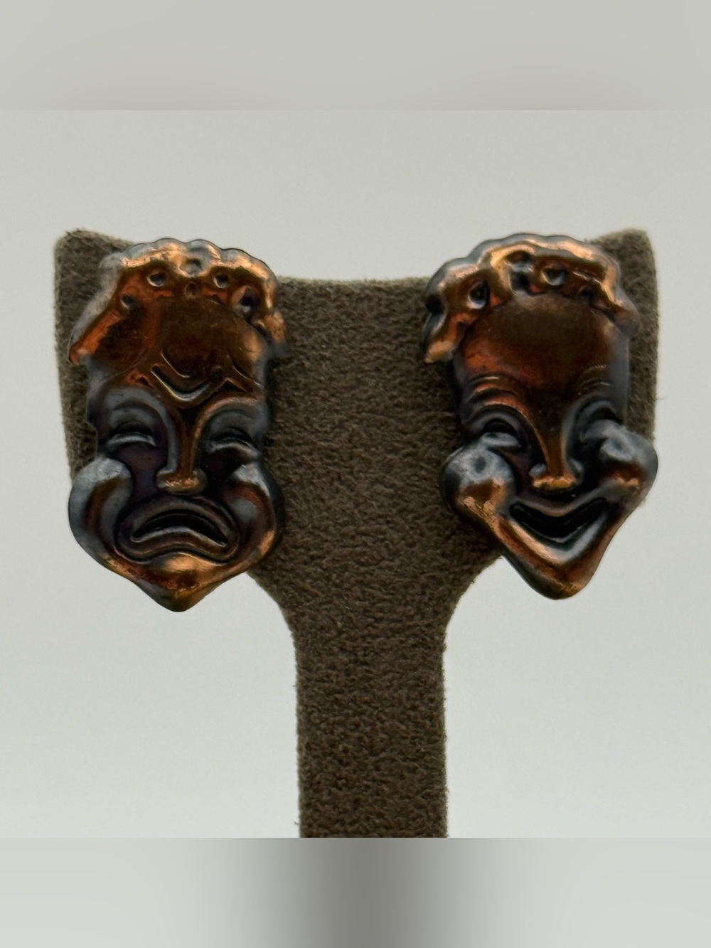 Vintage Signed Renoir Comedy & Tragedy Copper Clip on Earrings Theater mask